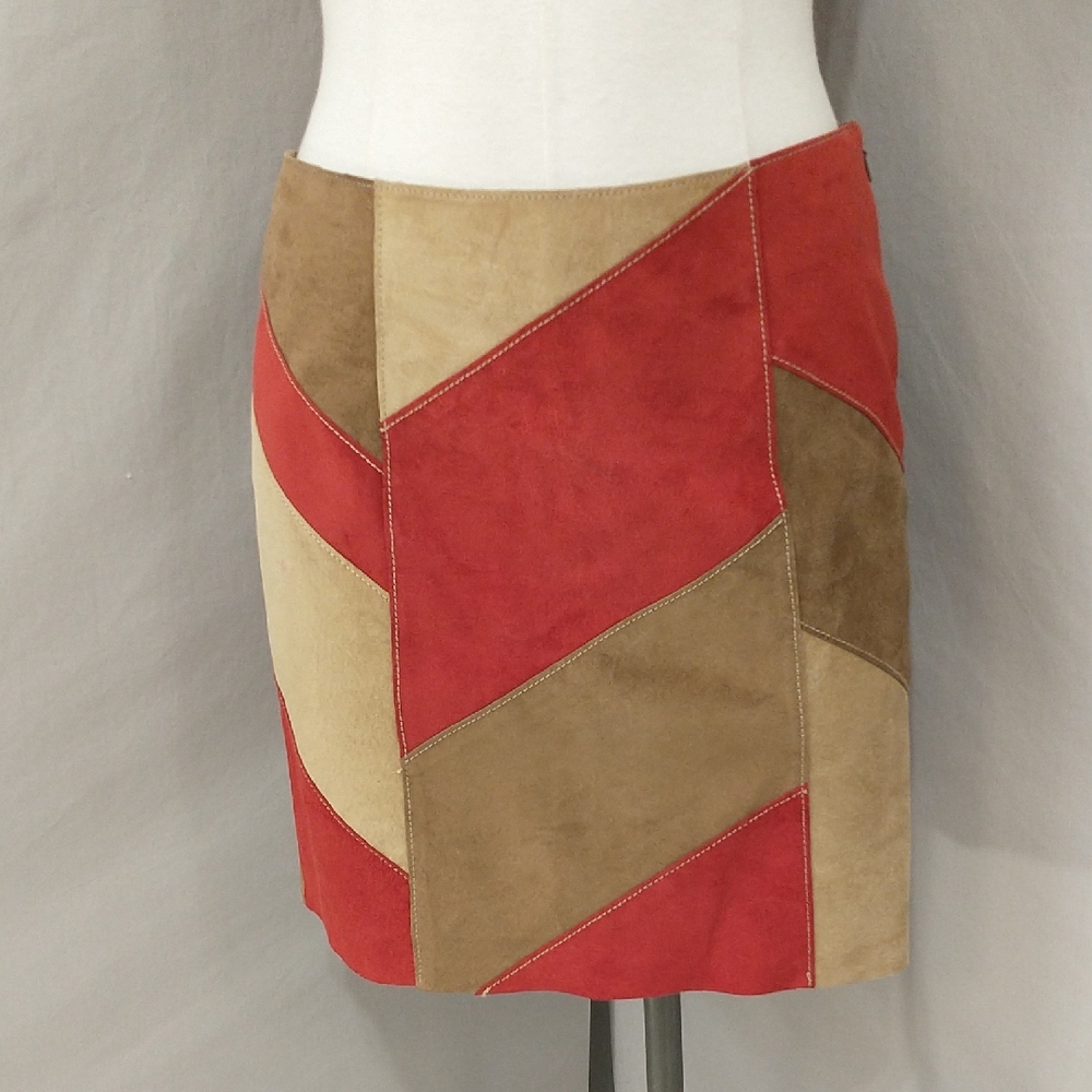 Mod Patchwork Suede Mini Skirt Leather Red Tan Brown Geometric Color Block Retro